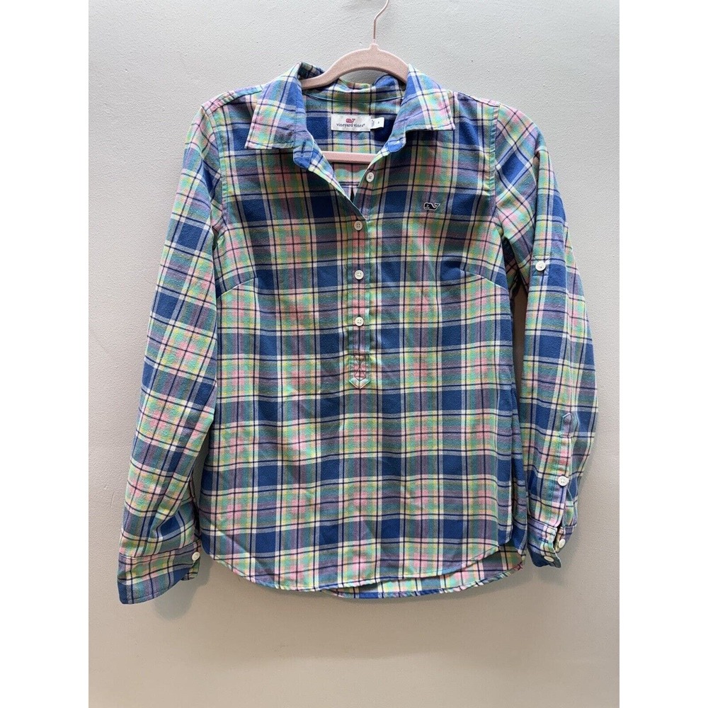 Vineyard Vines Sz 4 Flannel Popover Shirt Green Pink Plaid Collar Easter Spring